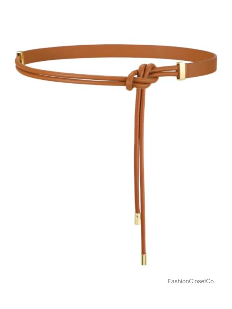 Women Faux Leather Knotted Thin Waist Belt For Dresses Jeans Pants